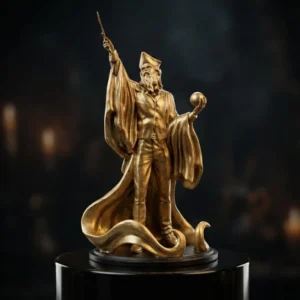 Golden Wizard Statue – Fantasy Mage Figurine – Magical Sorcerer Sculpture (17 cm)